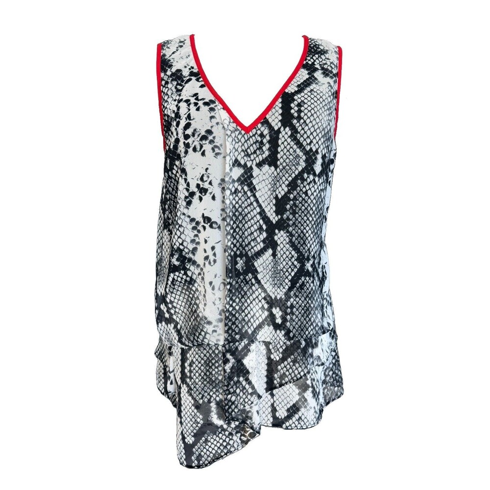 CACHE Women’s Small Snake Print Sleeveless Tunic Top Red Trim Made in USA Y2K